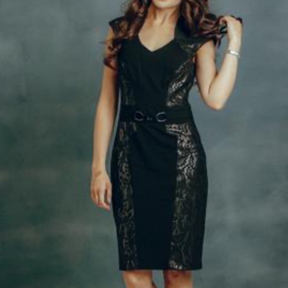 Cache Black/Silver Lace Cap Sleeve Sheath Cocktail Dress Size 10 - Picture 1 of 10